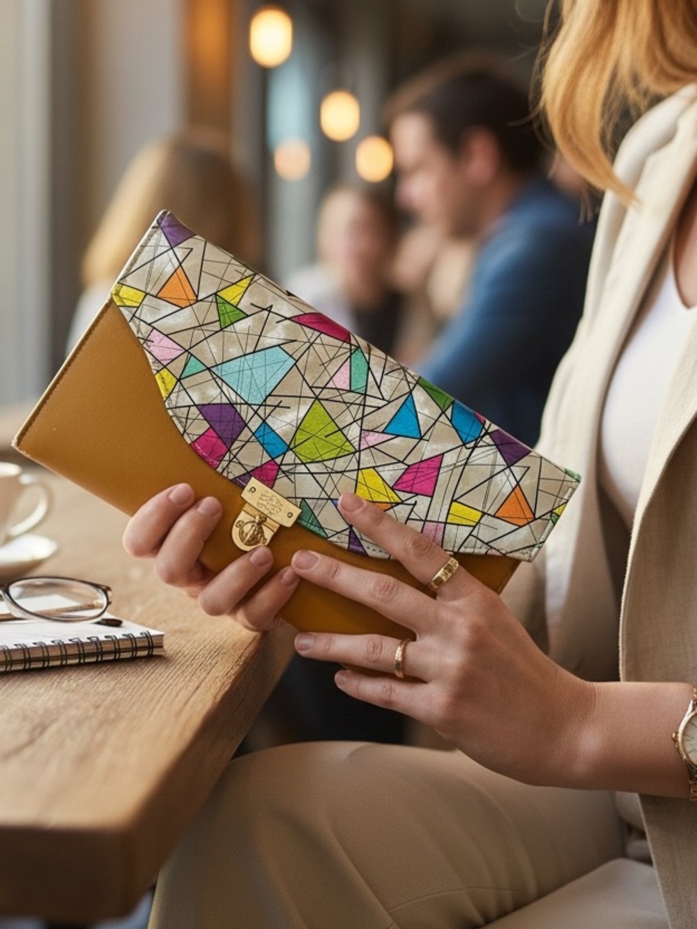 Multicolor Geometric Foldover Clutch - Mustard Accent